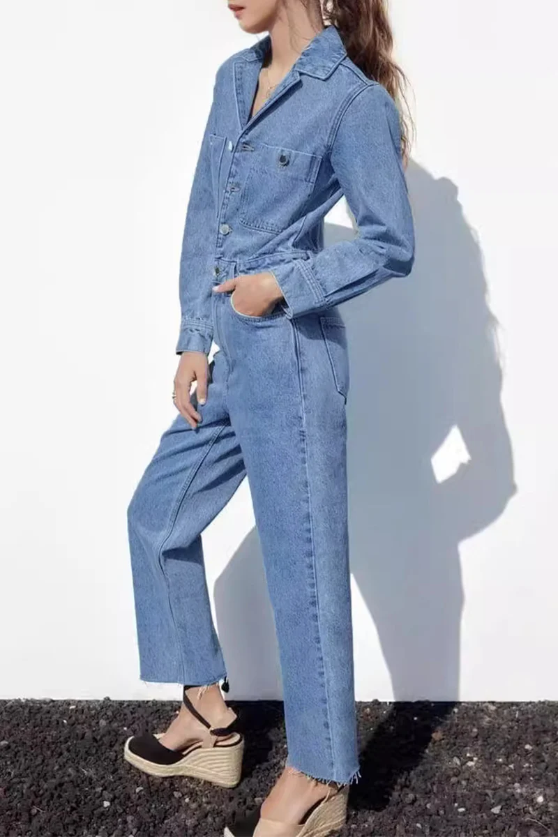 Heidi-Mode | Lässiger Street Einfarbiger Taschenknopf Umlegekragen Lange Ärmel Lockere Denim Overalls - Image 2