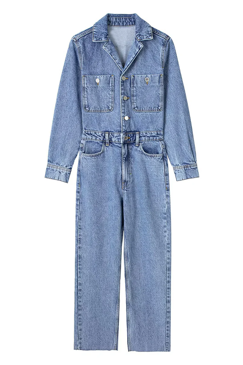 Heidi-Mode | Lässiger Street Einfarbiger Taschenknopf Umlegekragen Lange Ärmel Lockere Denim Overalls - Image 4