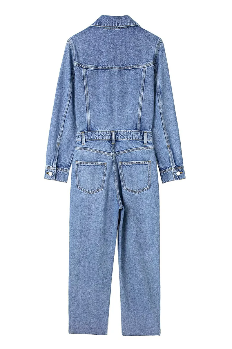 Heidi-Mode | Lässiger Street Einfarbiger Taschenknopf Umlegekragen Lange Ärmel Lockere Denim Overalls - Image 5