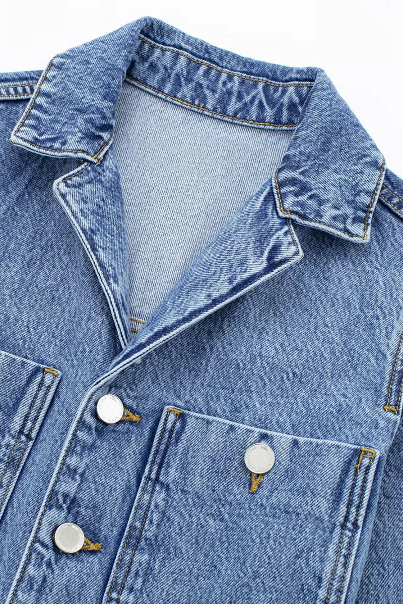Heidi-Mode | Lässiger Street Einfarbiger Taschenknopf Umlegekragen Lange Ärmel Lockere Denim Overalls - Image 6
