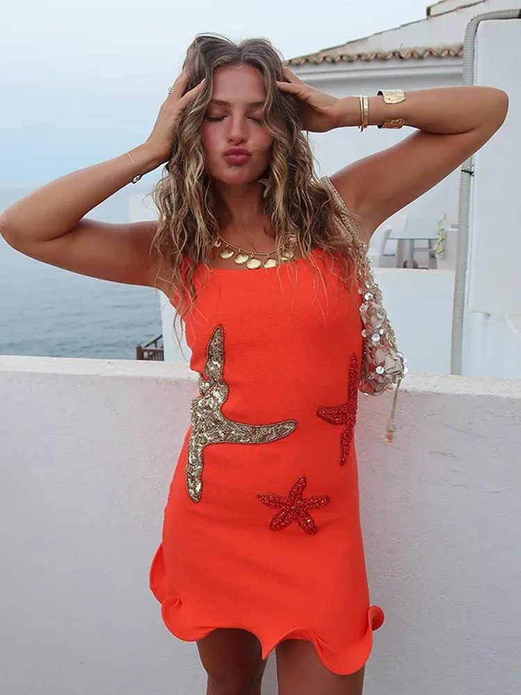 Heidi-Mode | Chic Shinny Seestern Print Rüschensaum Mini Kleid Fashion Bodycon Ärmellos Rückenfrei Kurz Vestidos Sommer Weibliche Strandkleider - Image 7