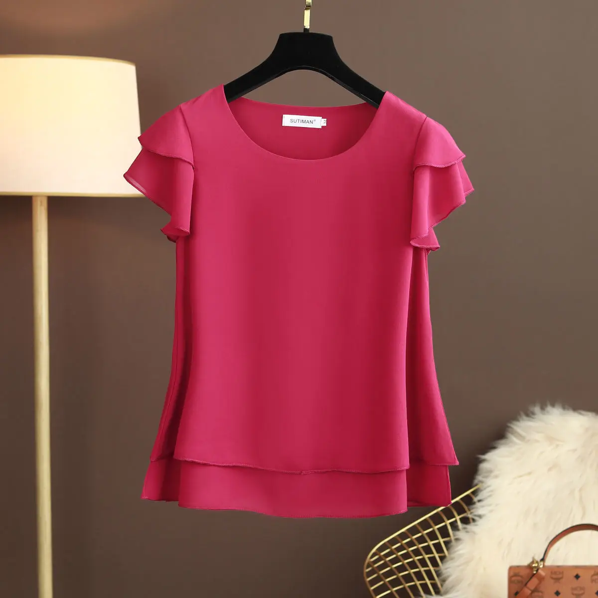 Heidi-Mode | Chiffon Bluse mit O-Ausschnitt und Kurzen Ärmeln - Image 4