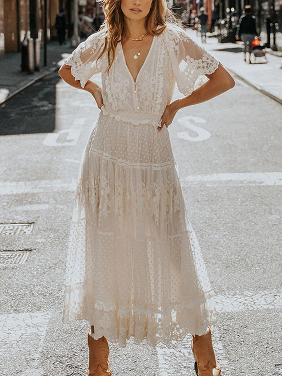 Heidi-Mode | Chiffon Spitze Kurze Ärmel Boho V-Ausschnitt Maxi Kleid - Image 7