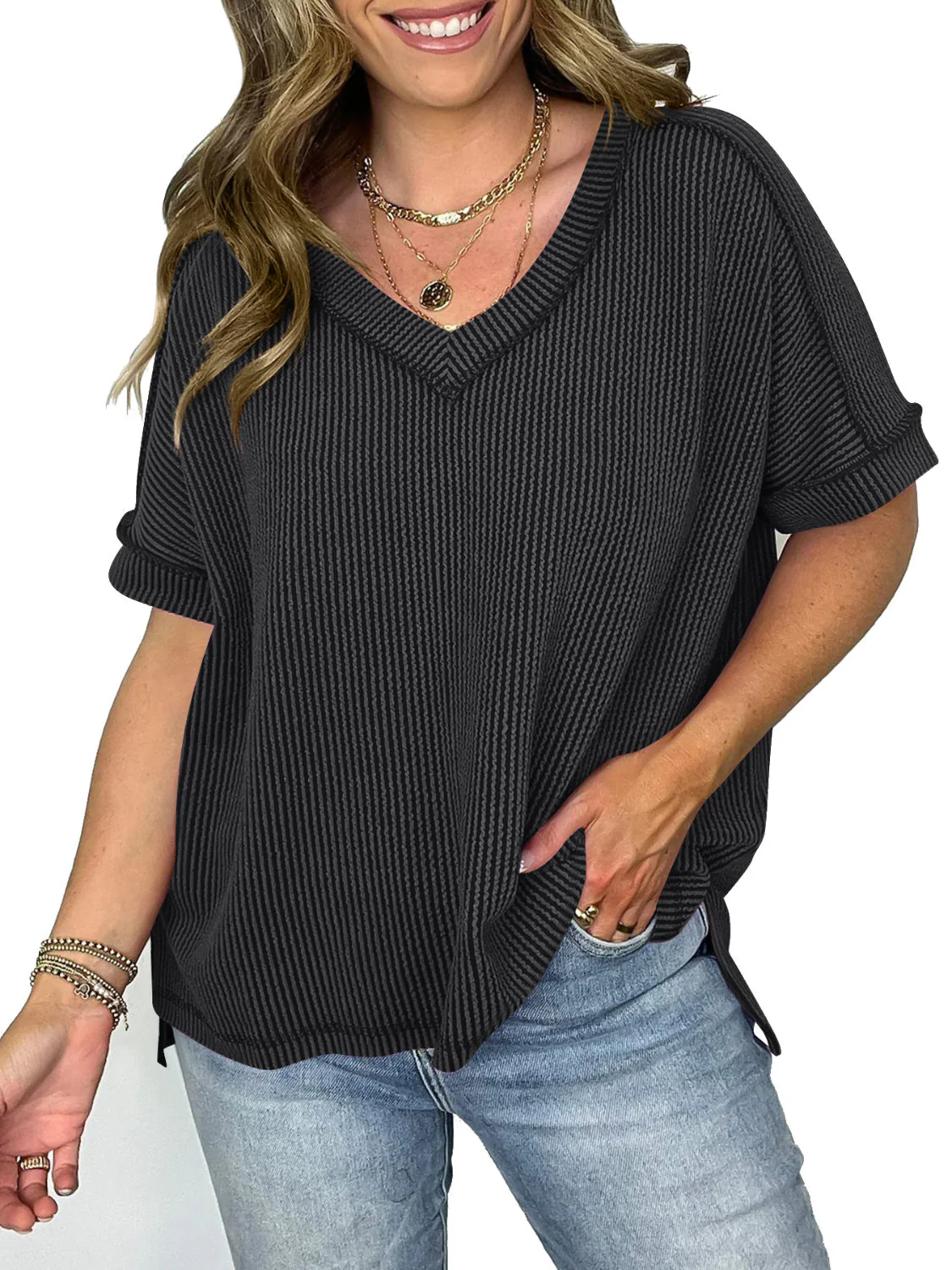 Heidi-Mode | Cord-Ripp V-Ausschnitt Kurzarm T-Shirt - Image 25