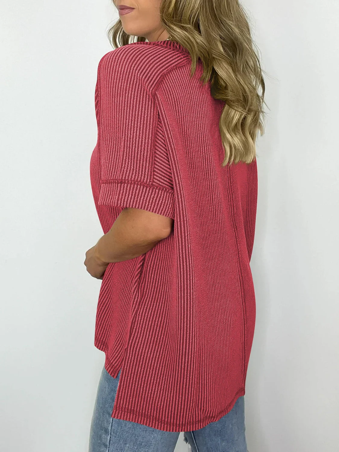 Heidi-Mode | Cord-Ripp V-Ausschnitt Kurzarm T-Shirt - Image 7
