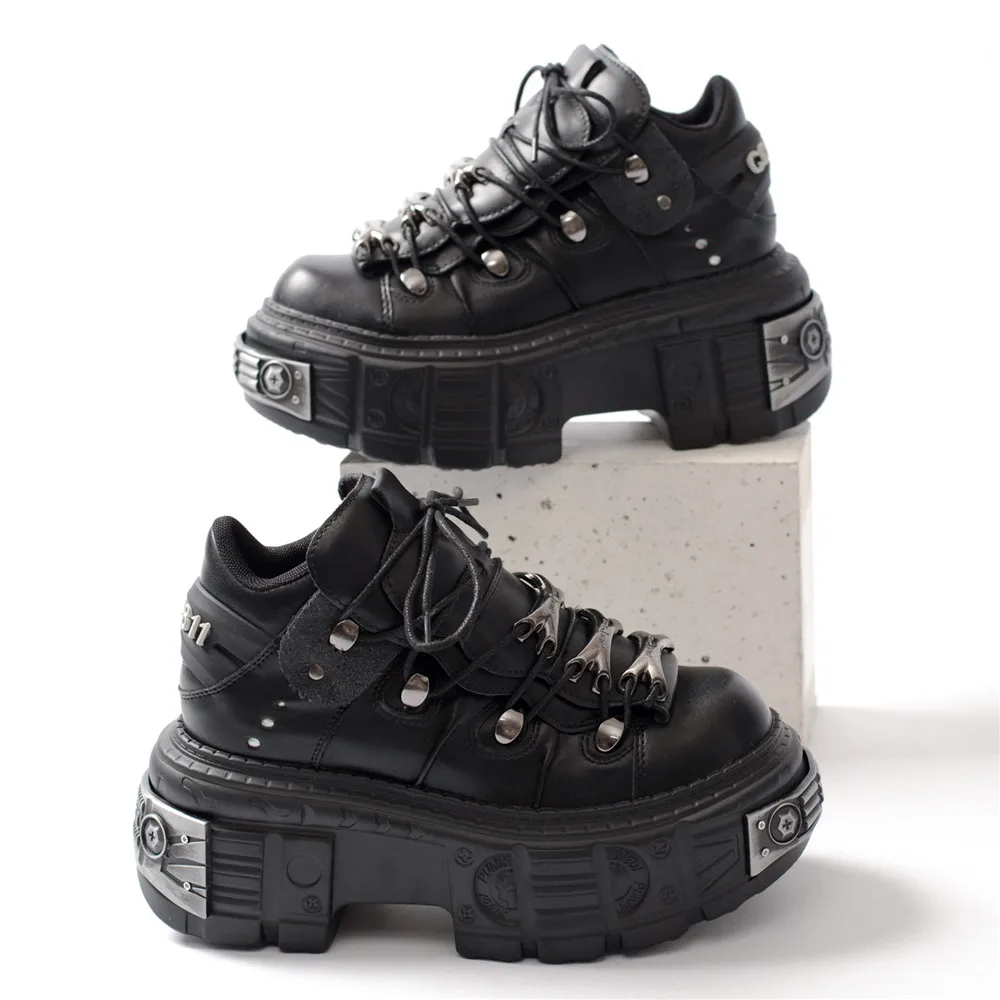 Heidi-Mode | Frauen Ankle Boots für Frauen Dicke Sohle Schnürsenkel Metall Dekoration Runde Zehen Plattform Schuhe Ladeis Punk Gothic Sneakers - Image 2
