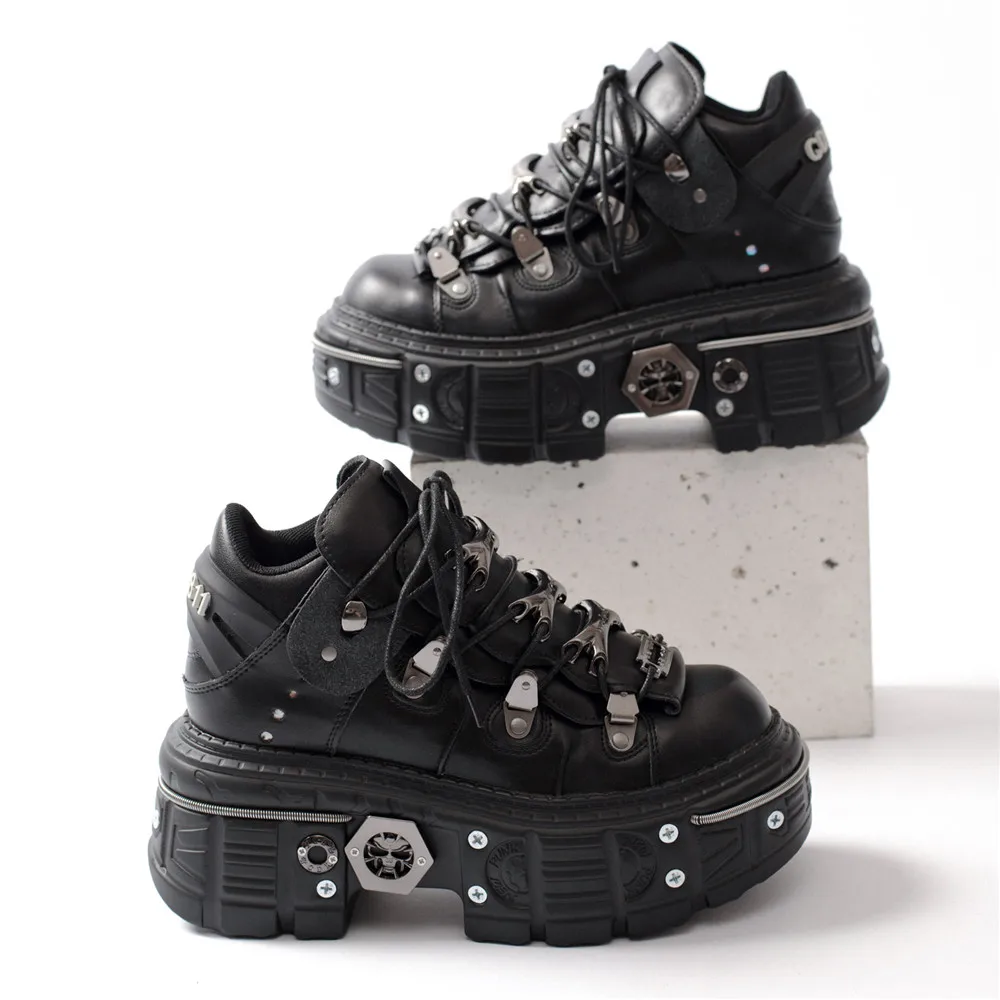 Heidi-Mode | Frauen Ankle Boots für Frauen Dicke Sohle Schnürsenkel Metall Dekoration Runde Zehen Plattform Schuhe Ladeis Punk Gothic Sneakers - Image 4