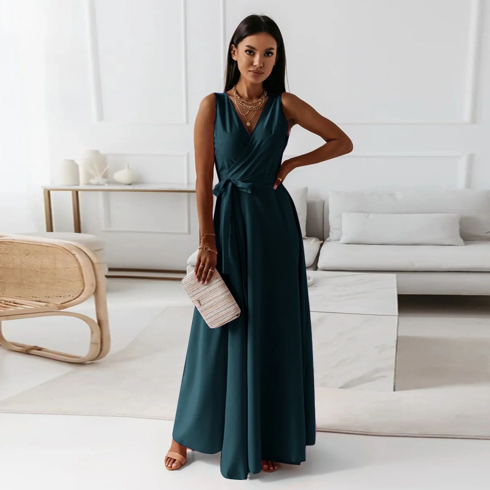 Heidi-Mode | Damen Einfarbig V-Ausschnitt Langes Kleid - Image 2