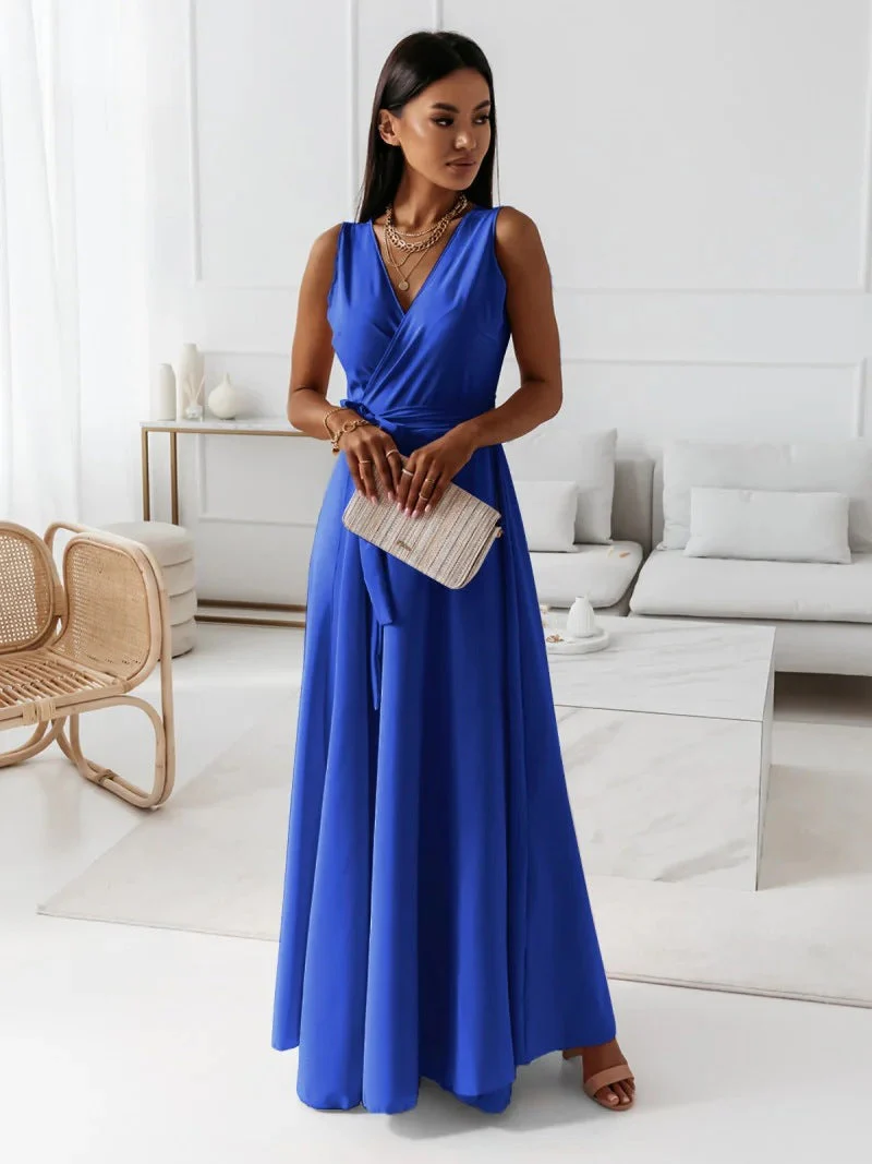 Heidi-Mode | Damen Einfarbig V-Ausschnitt Langes Kleid - Image 7