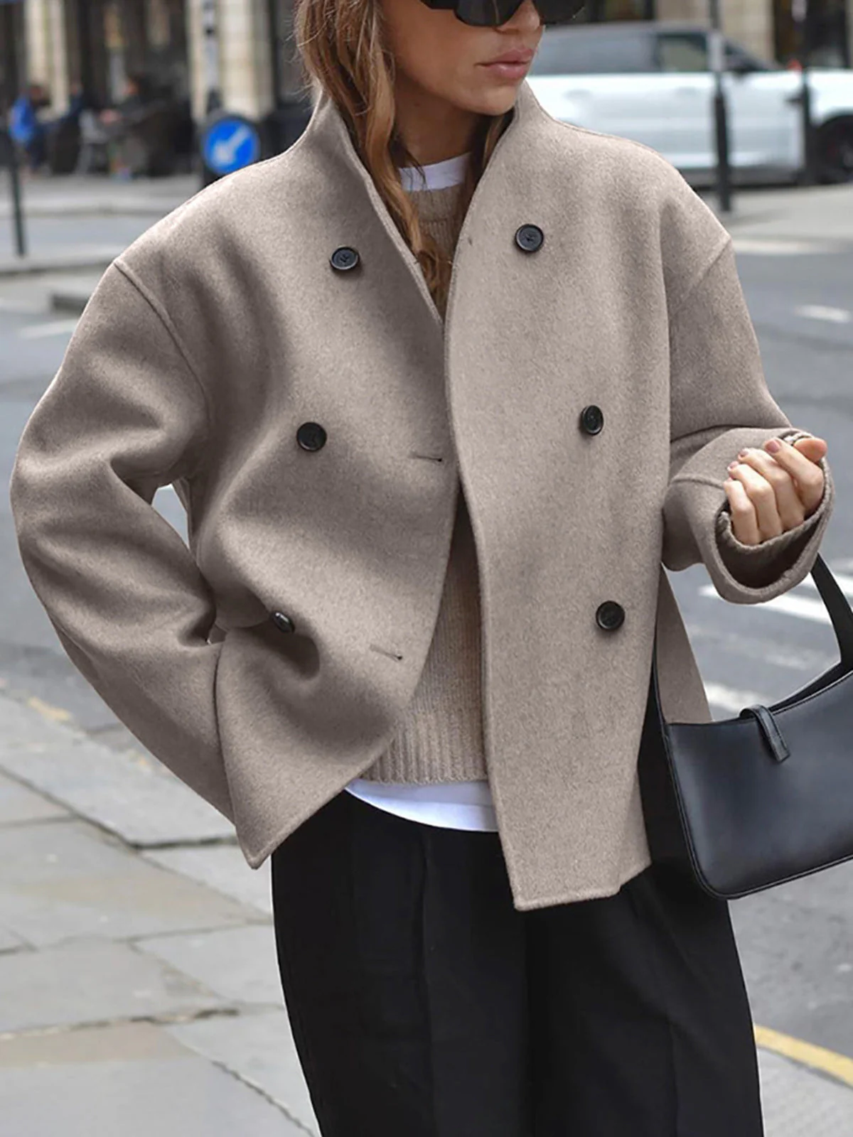 Heidi-Mode | Damenjacke - Beige Kurze Wolljacke mit Stehkragen und Knopfverschluss - Image 5