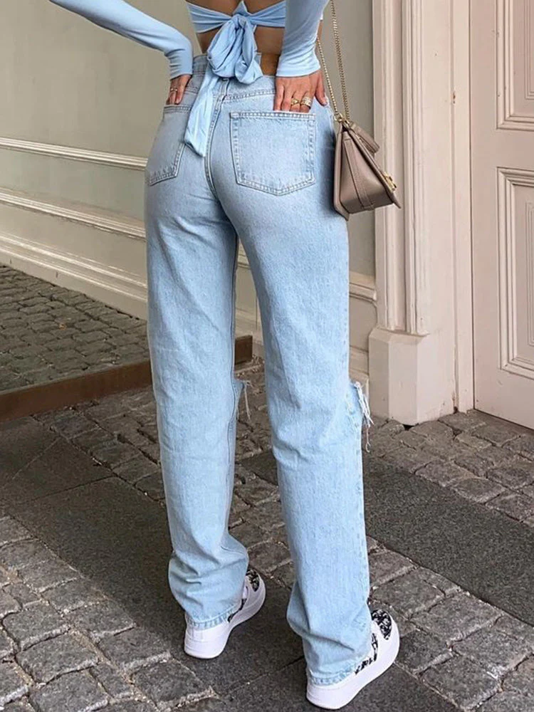 Heidi-Mode | Damen Jeanshose mit Lockerer Passform Zerrissen Weites Bein Hohe Taille Lassige Baggy Jean - Image 3