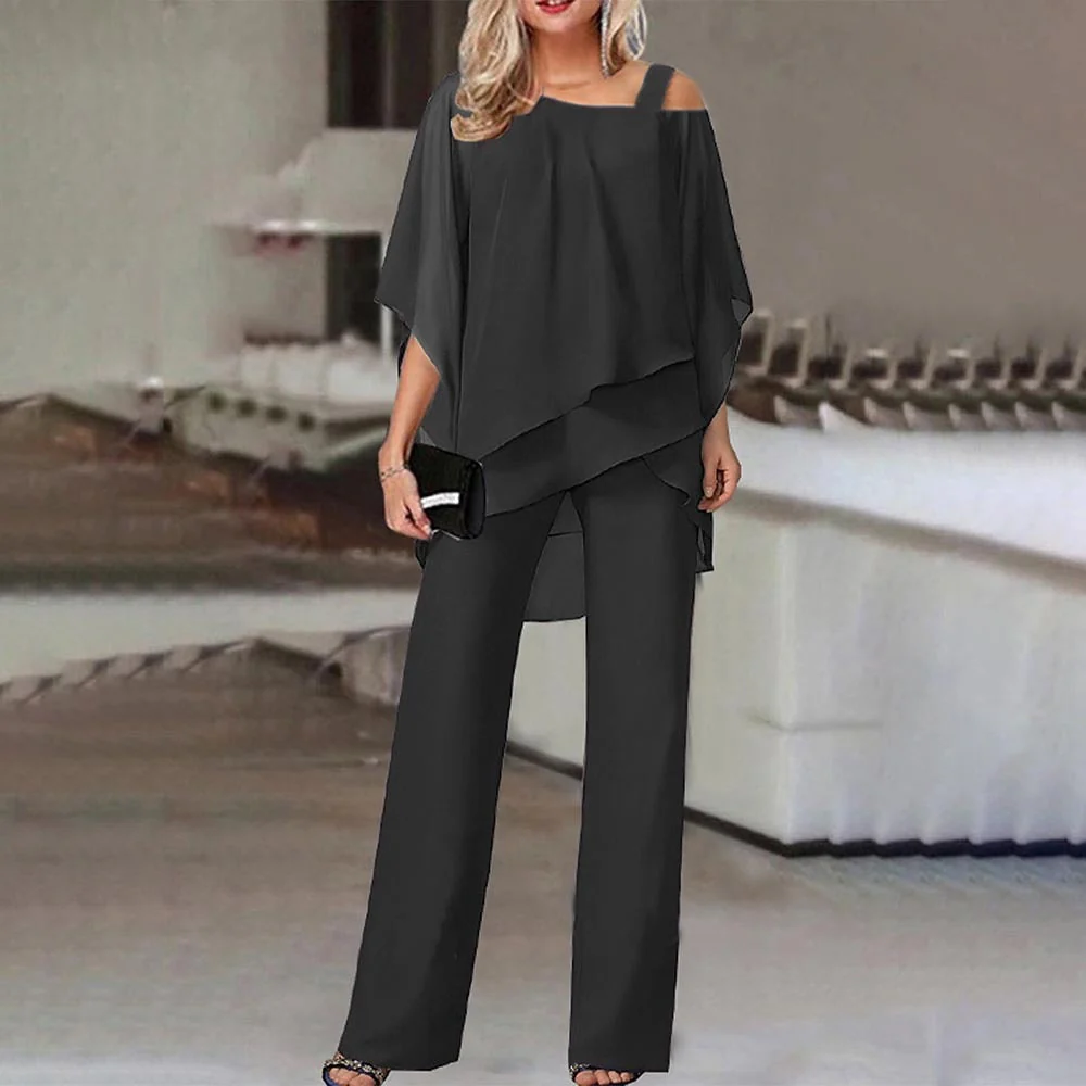 Heidi-Mode | Damen Zweiteiler Satz Eleganter Jumpsuit mit Cold Shoulder Bluse - Image 2