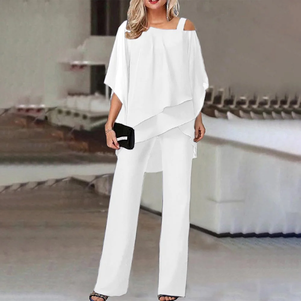 Heidi-Mode | Damen Zweiteiler Satz Eleganter Jumpsuit mit Cold Shoulder Bluse - Image 3