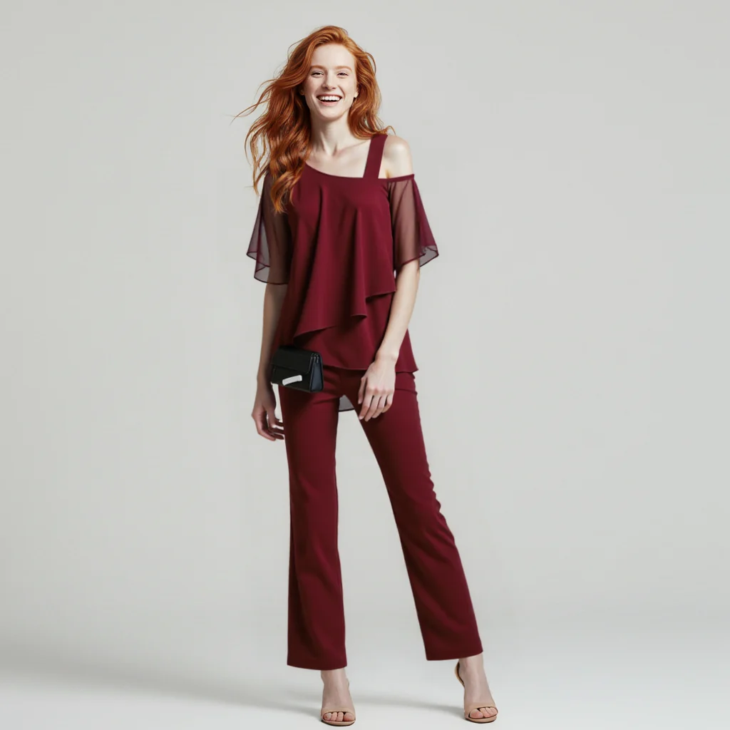 Heidi-Mode | Damen Zweiteiler Satz Eleganter Jumpsuit mit Cold Shoulder Bluse - Image 4