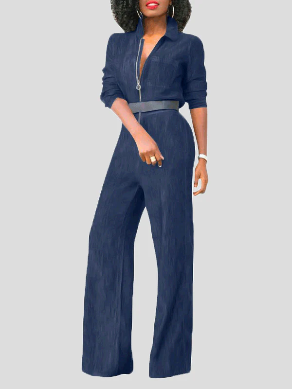 Heidi-Mode | Damen Jumpsuits Klapp Reißverschluss Lange Ärmel Denim Jumpsuit - Image 3