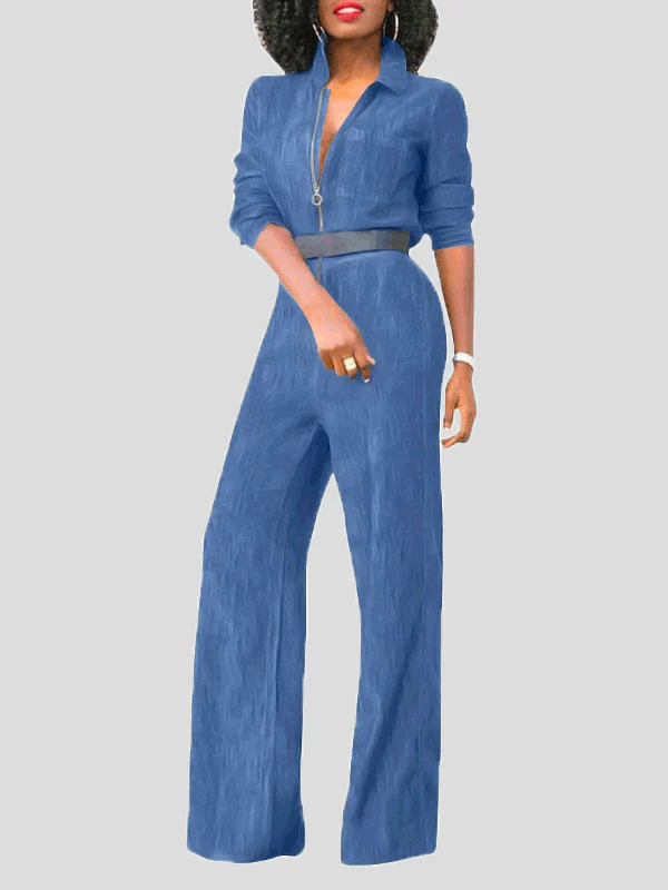 Heidi-Mode | Damen Jumpsuits Klapp Reißverschluss Lange Ärmel Denim Jumpsuit - Image 5