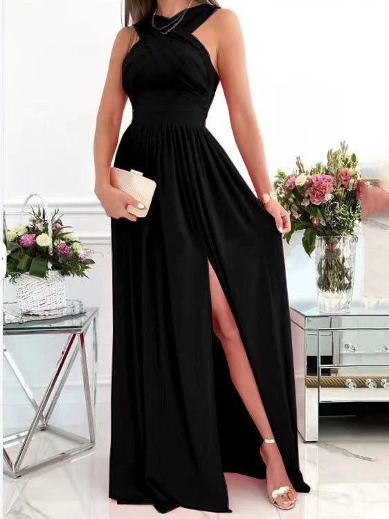 Heidi-Mode | Damenkleider Halsbinde Offener Rücken Ärmellos Schlitz Kleid - Image 3