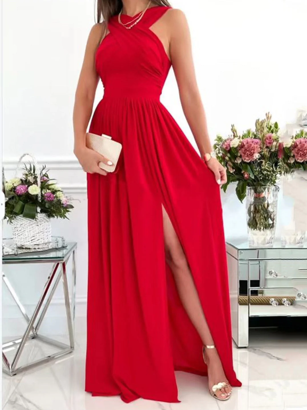 Heidi-Mode | Damenkleider Halsbinde Offener Rücken Ärmellos Schlitz Kleid - Image 5