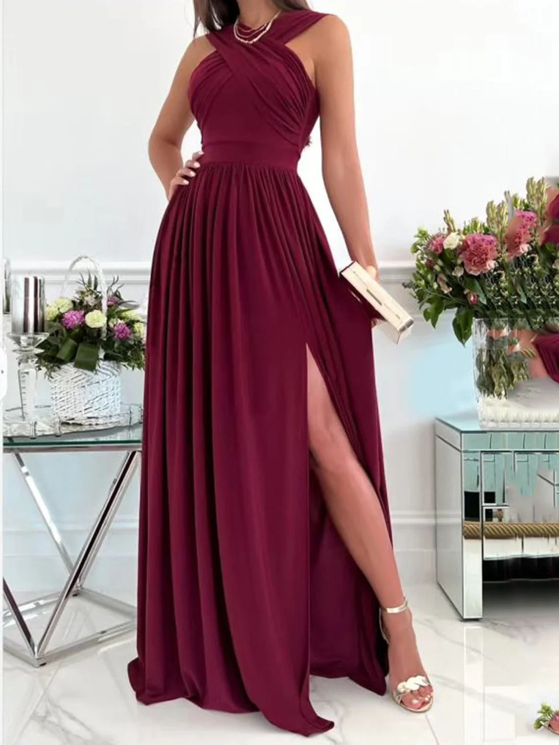 Heidi-Mode | Damenkleider Halsbinde Offener Rücken Ärmellos Schlitz Kleid - Image 6