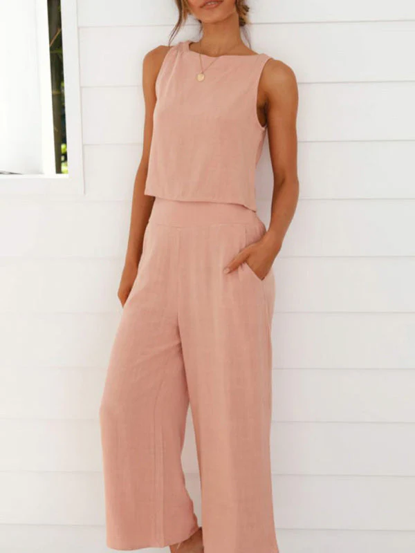 Heidi-Mode | Damen Lässige Ärmellose Knopfleiste Weste Kurze Weit Geschnittene Hose Baumwolle und Leinen Anzug - Image 11