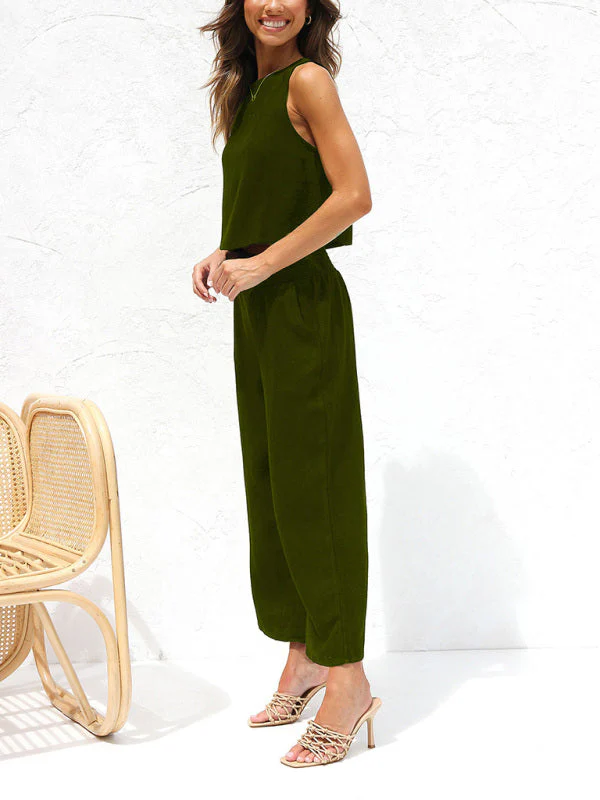 Heidi-Mode | Damen Lässige Ärmellose Knopfleiste Weste Kurze Weit Geschnittene Hose Baumwolle und Leinen Anzug - Image 2