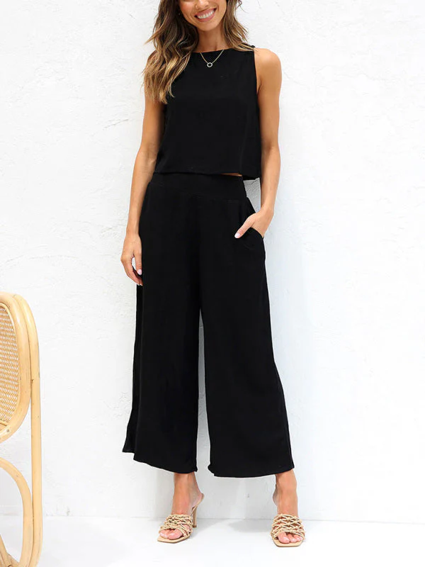 Heidi-Mode | Damen Lässige Ärmellose Knopfleiste Weste Kurze Weit Geschnittene Hose Baumwolle und Leinen Anzug - Image 20