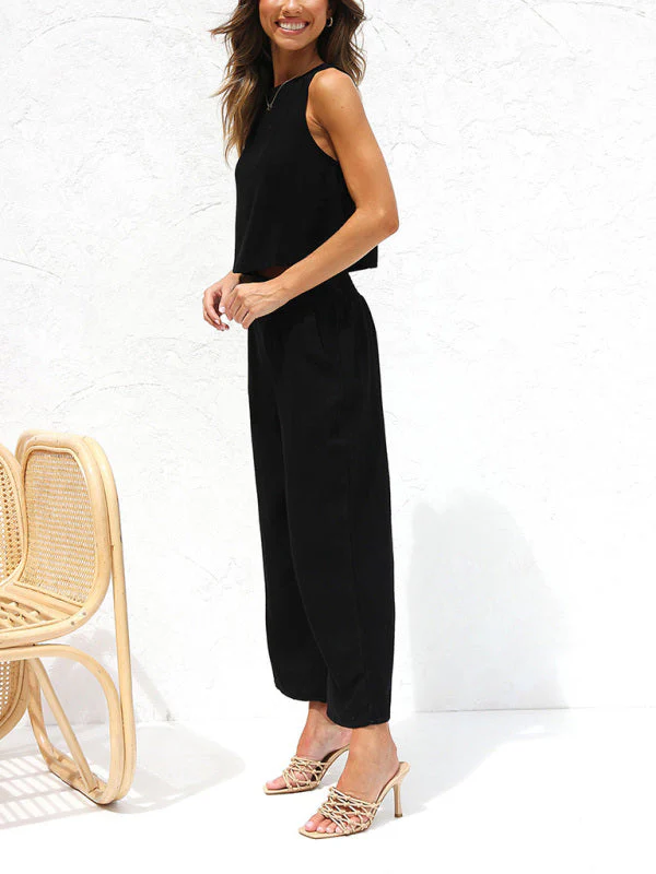 Heidi-Mode | Damen Lässige Ärmellose Knopfleiste Weste Kurze Weit Geschnittene Hose Baumwolle und Leinen Anzug - Image 22