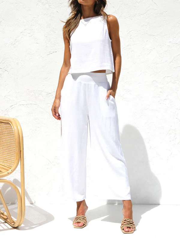 Heidi-Mode | Damen Lässige Ärmellose Knopfleiste Weste Kurze Weit Geschnittene Hose Baumwolle und Leinen Anzug - Image 24