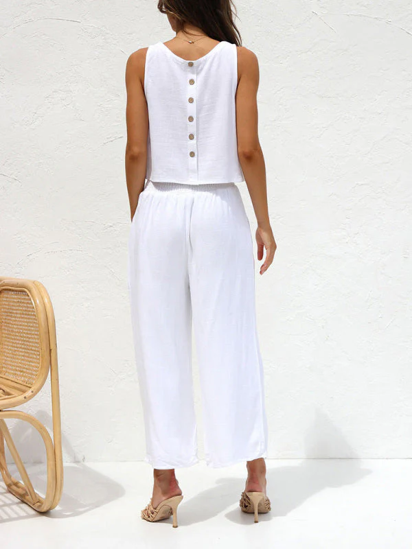 Heidi-Mode | Damen Lässige Ärmellose Knopfleiste Weste Kurze Weit Geschnittene Hose Baumwolle und Leinen Anzug - Image 4