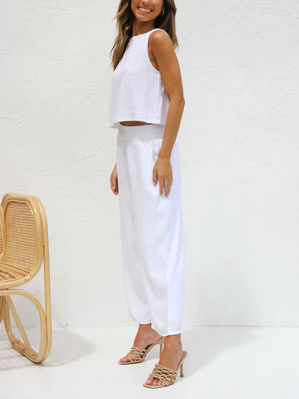 Heidi-Mode | Damen Lässige Ärmellose Knopfleiste Weste Kurze Weit Geschnittene Hose Baumwolle und Leinen Anzug - Image 5