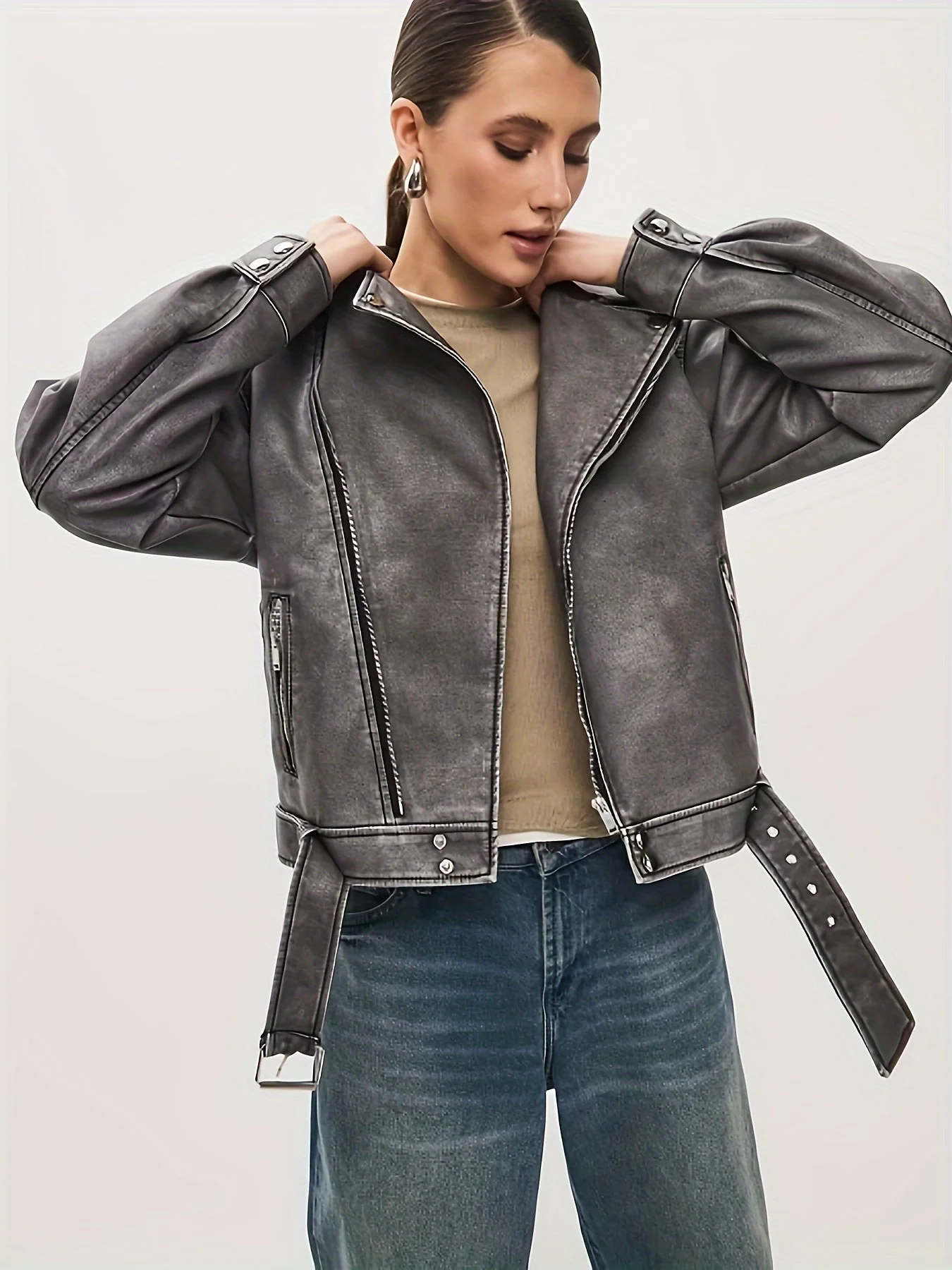 Heidi-Mode | Damen Oversize Lederjacke mit Gürtel - Image 3