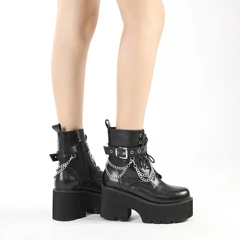Heidi-Mode | Frauen Plattform Schuhe Schwarze Gothic Schnalle Pu Leder Frau Creeper Punk Schuhe Weiblich Schwarze Stiefeletten Kurze Kampf Stiefel für Frauen - Image 5