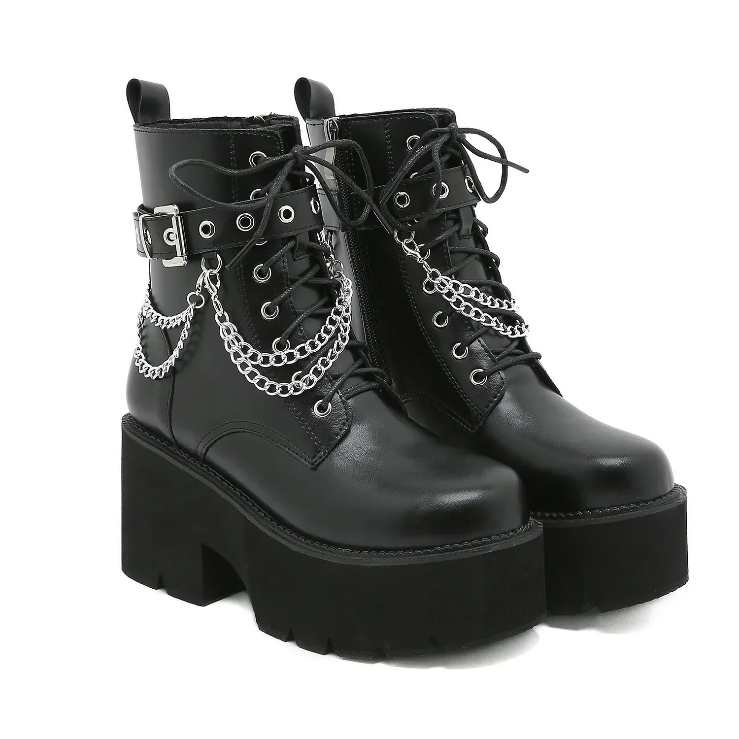 Heidi-Mode | Frauen Plattform Schuhe Schwarze Gothic Schnalle Pu Leder Frau Creeper Punk Schuhe Weiblich Schwarze Stiefeletten Kurze Kampf Stiefel für Frauen - Image 6