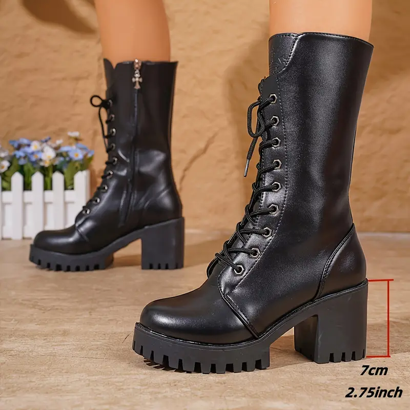 Heidi-Mode | Absatzstiefel – Knöchelhohe Schnürung – Großer Blockabsatz – Profilsohle – Seitenreißverschluss - Image 2
