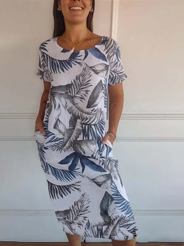 Heidi-Mode | Baumwolle und Leinen Rundhalsbedrucktes Kleid - Image 13