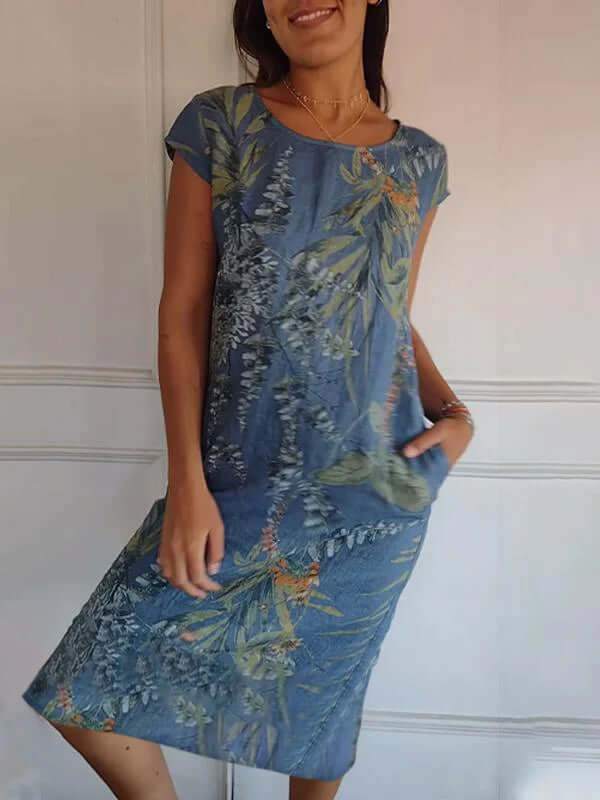 Heidi-Mode | Baumwolle und Leinen Rundhalsbedrucktes Kleid - Image 2