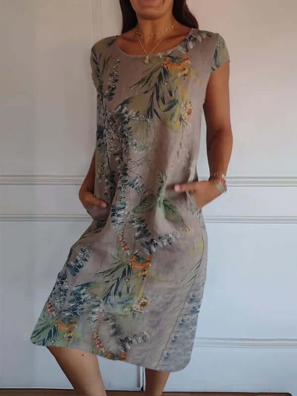 Heidi-Mode | Baumwolle und Leinen Rundhalsbedrucktes Kleid - Image 4