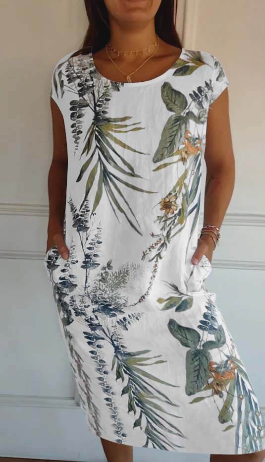 Heidi-Mode | Baumwolle und Leinen Rundhalsbedrucktes Kleid - Image 6