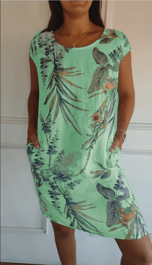 Heidi-Mode | Baumwolle und Leinen Rundhalsbedrucktes Kleid - Image 9
