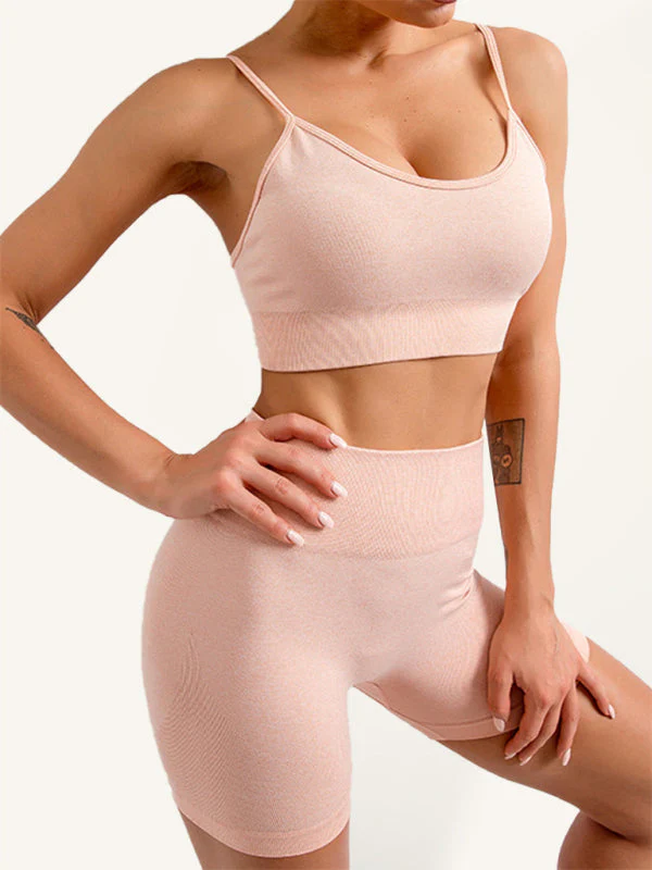 Heidi-Mode | Damen Nahtloses Unifarbenes Cami Yoga Sport Bh + Shorts Zweiteiliges Set - Image 4