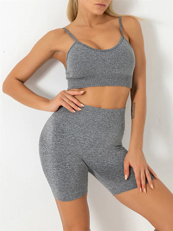 Heidi-Mode | Damen Nahtloses Unifarbenes Cami Yoga Sport Bh + Shorts Zweiteiliges Set - Image 9