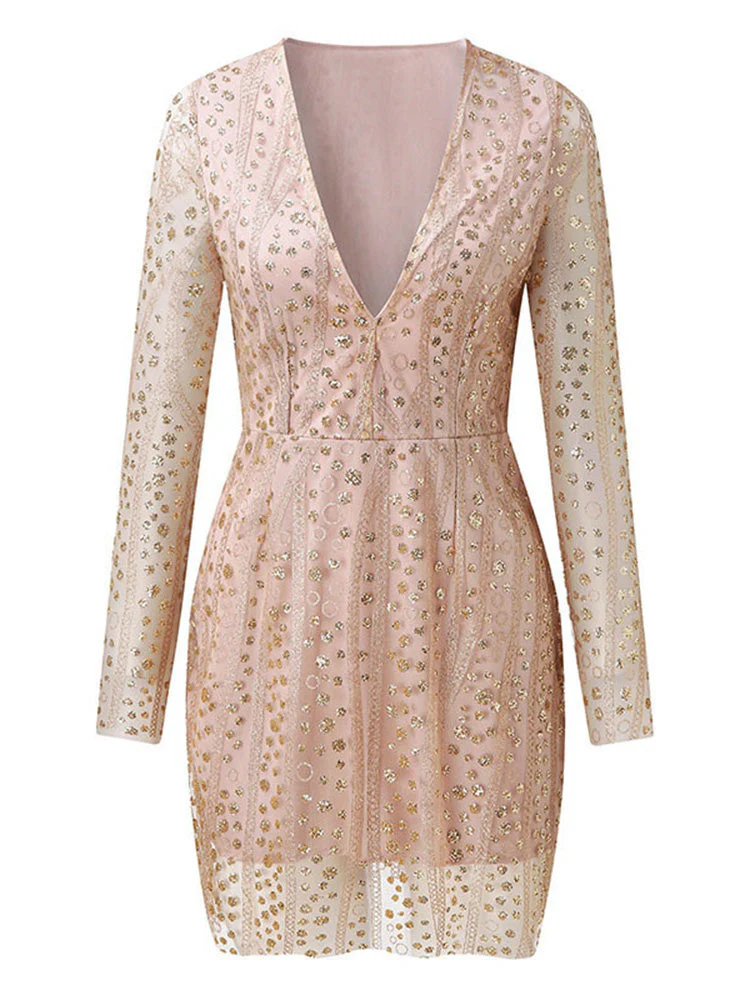 Heidi-Mode | Damen Semi Transparent Goldton Pailletten Midi Kleid - Image 3