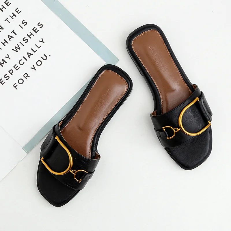 Heidi-Mode | Damen-Slipper Aus Vegan-Leder mit Quadratischer Zehenpartie Designer-Flats mit Metallverzierung, Outdoor-Flip-Flops, Gummisohle - Image 8