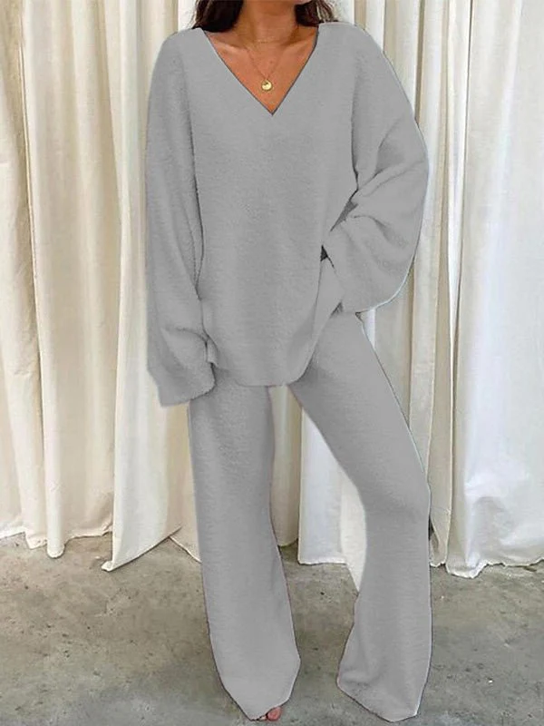 Heidi-Mode | Damen Set Einfarbig V-Ausschnitt Lässige Langarm Top & Hose Warm Zweiteilig Set - Image 4