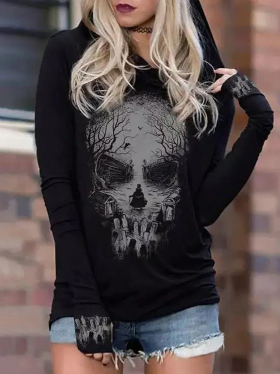 Heidi-Mode | Damen Kapuzenpullover mit Totenkopfprint Langarm Kapuzenpullover - Image 2