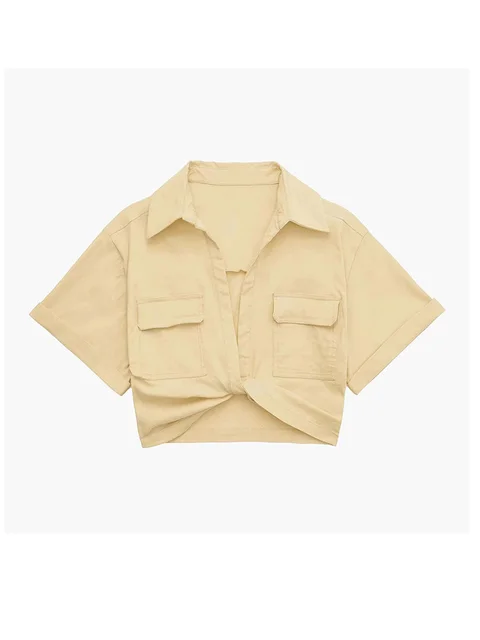 Heidi-Mode | Damen Vintage Kurzarm Leinen Crop Shirt - Image 3