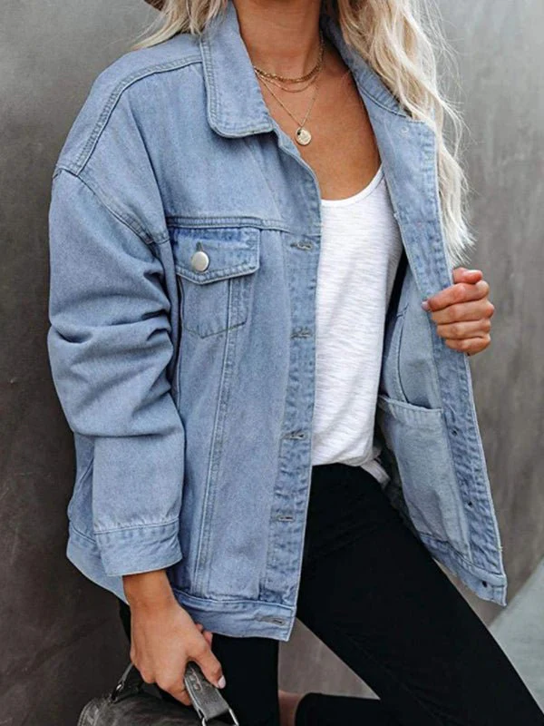 Heidi-Mode | Damenjacken Einfarbig Klappentasche Knopf Denim Jacke - Image 3