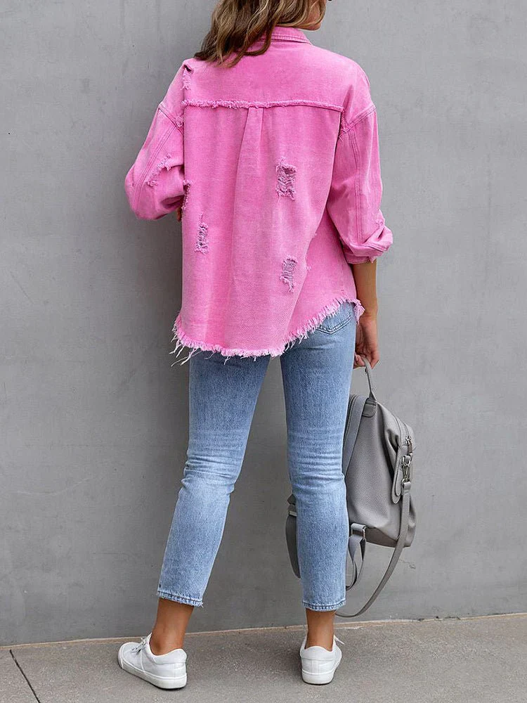 Heidi-Mode | Damenjacken Mittel Lange Tattered Loose Denim Jacke