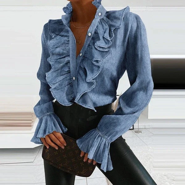 Heidi-Mode | Denim Bluse mit Langen Ärmeln und Rüschen für Damen - Image 3