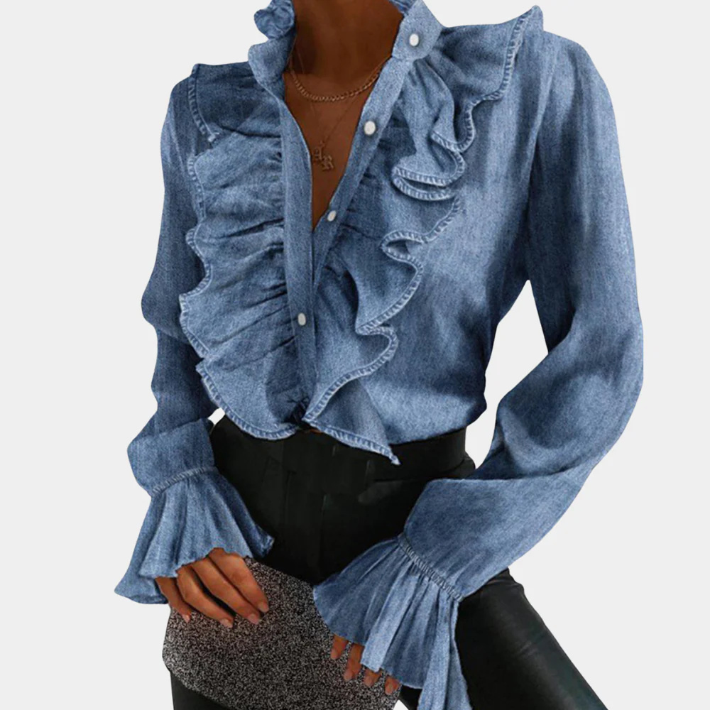 Heidi-Mode | Denim-Bluse mit Rüschen und Knopfleiste für Damen - Image 2